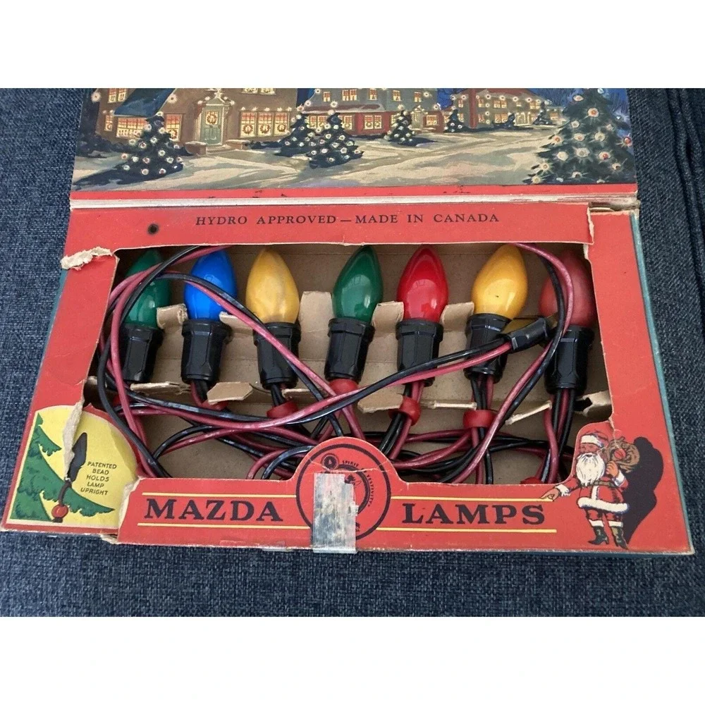 Vintage Noma 7 bulb Christmas outdoor light string red bead orig box 1940's